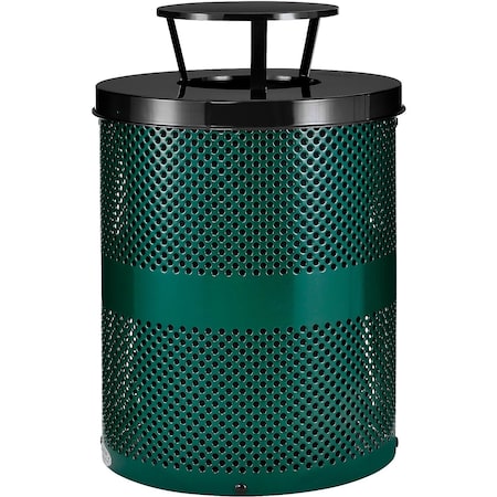 Global Industrial Outdoor Perforated Steel Trash Can With Rain Bonnet Lid, 36 Gallon, Green 261927GN
